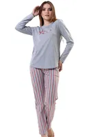 Çizgili Uzun Kollu Gri Kadın Pijama Takımı Vienetta K203148 Gri
