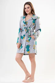 Vienetta Kadın Polar Sabahlık Kapüşonlu Gri Melanj Kuş Desenli Vienetta K203187