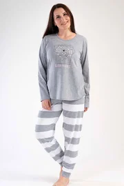 Vienetta Kadın Pijama Takımı Gri Melanj Uzun Kollu Koala Baskılı Çizgili Alt Vienetta K303154