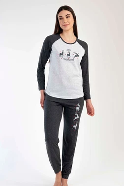 Vienetta Kadın Pijama Takımı Gri Melanj Antrasit Raglan Uzun Kollu Geyik Baskılı Vienetta K304101