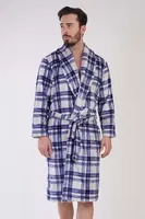 Erkek Polar Sabahlık Lacivert Kareli Kuşaklı Vienetta K310082 Mavi