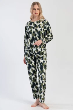 Vienetta Kadın Pijama Takımı Yeşil Siyah Fırça Desenli Vienetta K312102