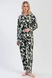 Vienetta Kadın Pijama Takımı Yeşil Siyah Fırça Desenli Vienetta K312102