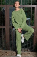 Yuvarlak Yaka Uzun Kollu Yeşil Kadın Pijama Takımı Vienetta K405048 Haki