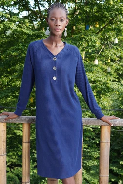 Vienetta Düğmeli V Yaka Lacivert Uzun Kollu Elbise Vienetta K405051