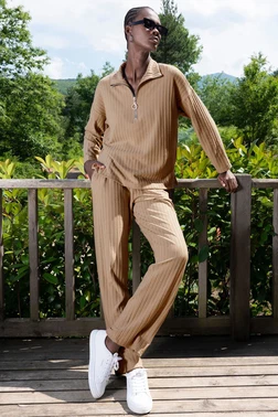 Vienetta Fitilli Uzun Kollu Fermuarlı Dik Yaka Kadın Pijama Takımı Vienetta K405062