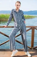 Çizgili Gömlek Yaka Uzun Kollu Kadın Pijama Takım Vienetta K405096 Lacivert