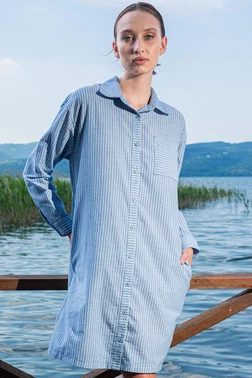 Vienetta Önden Düğmeli Cepli Gömlek Yaka Mavi Kadın Elbise Vienetta K405102