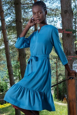 Vienetta Belden Bağlamalı Mavi Uzun Kollu Kadın Elbise Vienetta K405105