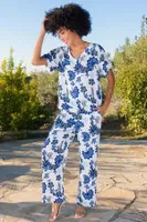 Çiçek Desenli Cepli Kısa Kollu Kadın Pijama Takım Vienetta K410006 Beyaz