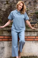 Önden Düğmeli Gömlek Yaka Mavi Kadın Pijama Takımı Vienetta K412010 Mavi