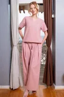 Piliseli Pantalon Kısa Kollu Bluz Kadın Ev Giyim Vienetta K412018 Pembe