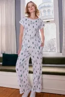 Vienetta Plus K412025 Kadın Kaktüs Desenli Beyaz Pijama Takımı Beyaz