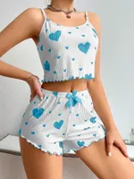 Kadın Beyaz Kalp Desenli Mini Şortlu Büstiyer Pijama Takımı Ruselin 5043 Beyaz