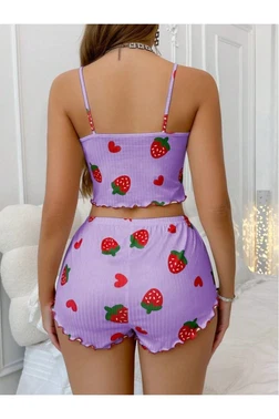 Ruselin Kadın Çilek Ve Kalp Desenli Lila Şort Takım Ruselin 5061 - Alternatif Görünüm