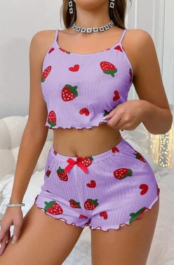 Ruselin Kadın Çilek Ve Kalp Desenli Lila Şort Takım Ruselin 5061