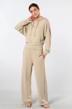 Türen Bej Kapüşonlu Boru Paça Kadın Eşofman Takımı Türen 3608