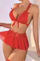Kadın Kırmızı Fiyonklu Fantazi Sütyen Etek Takım Nathalie K-1001 Kırmızı farklı açı
