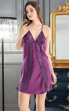 Nathalie Kadın Mor Dantel Detaylı Saten Mini Gecelik Nathalie S-2041 - Alternatif Görünüm