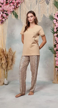 Doreanse Kadın Pudra Leopar Desenli Dantel Detaylı T-Shirt Pijama Takımı Doreanse 25Y4062
