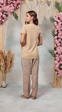 Doreanse Kadın Pudra Leopar Desenli Dantel Detaylı T-Shirt Pijama Takımı Doreanse 25Y4062 - Alternatif Görünüm