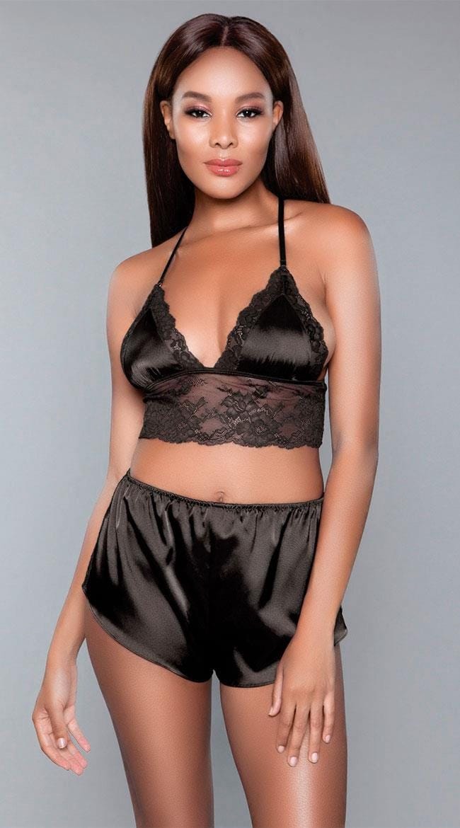 Kadın Saten Siyah Dantelli Bralet Sütyen Şort Takımı Loomerie 571