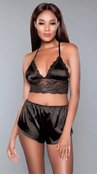 Kadın Saten Siyah Dantelli Bralet Sütyen Şort Takımı Loomerie 571