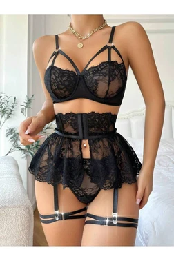 For Dreams Kadın Siyah Dantel Desenli Büstiyerli Jartiyer Takım For Dreams  8493