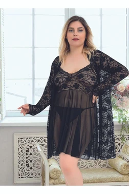 Nathalie Kadın Siyah Sabahlıklı 3lü Tül Takım Gecelik Nathalie B-4006