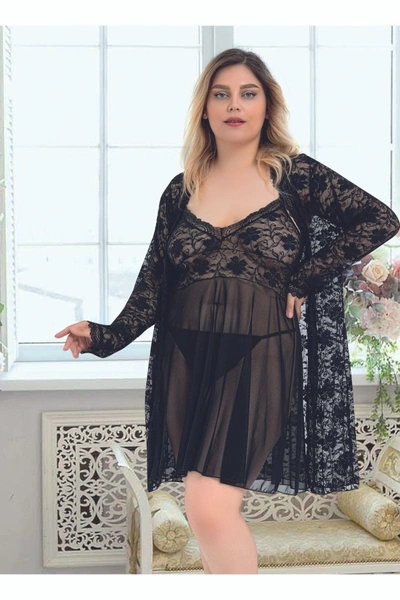 Kadın Siyah Sabahlıklı 3lü Tül Takım Gecelik Nathalie B-4006