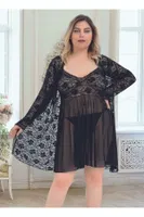 Kadın Siyah Sabahlıklı 3lü Tül Takım Gecelik Nathalie B-4006 Siyah görsel 5