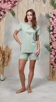 Kadın Turkuaz Yazı Baskılı Şort T-Shirt Pijama Takımı Doreanse 25Y4061