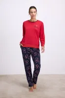 Kadın Uzun Kol Sweatshirt ve Kalpli Pantolon Pijama Takımı Şık ve Rahat Ev Giyimi Anıl 11583 Kırmızı