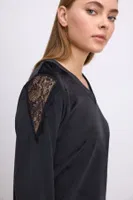 Kadın Uzun Kollu, Kadife Dokulu, Dantel Detaylı, Tişört ve Pantolon Pijama Takımı Anıl 11542 Siyah farklı açı