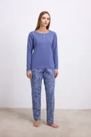Kadın Uzun Kollu T-Shirt ve Desenli Pantolon Pijama Takımı Anıl 11566 Çivit