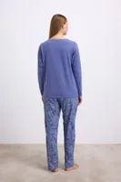 Kadın Uzun Kollu T-Shirt ve Desenli Pantolon Pijama Takımı Anıl 11566 Çivit detay görünüm