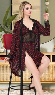 İzabel Kalp Desenli Dantelli Kısa Gecelik Sabahlık Takımı İzabel F-7008