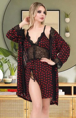 İzabel Kalp Desenli Dantelli Kısa Gecelik Sabahlık Takımı İzabel F-7008 - Alternatif Görünüm