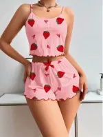 Kalp Desenli Pembe Dantelli Askılı Şort Takım Lily Bianca 13021 Pembe detay görünüm
