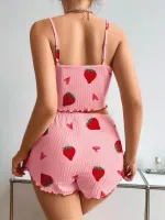 Kalp Desenli Pembe Dantelli Askılı Şort Takım Lily Bianca 13021 Pembe görsel 4