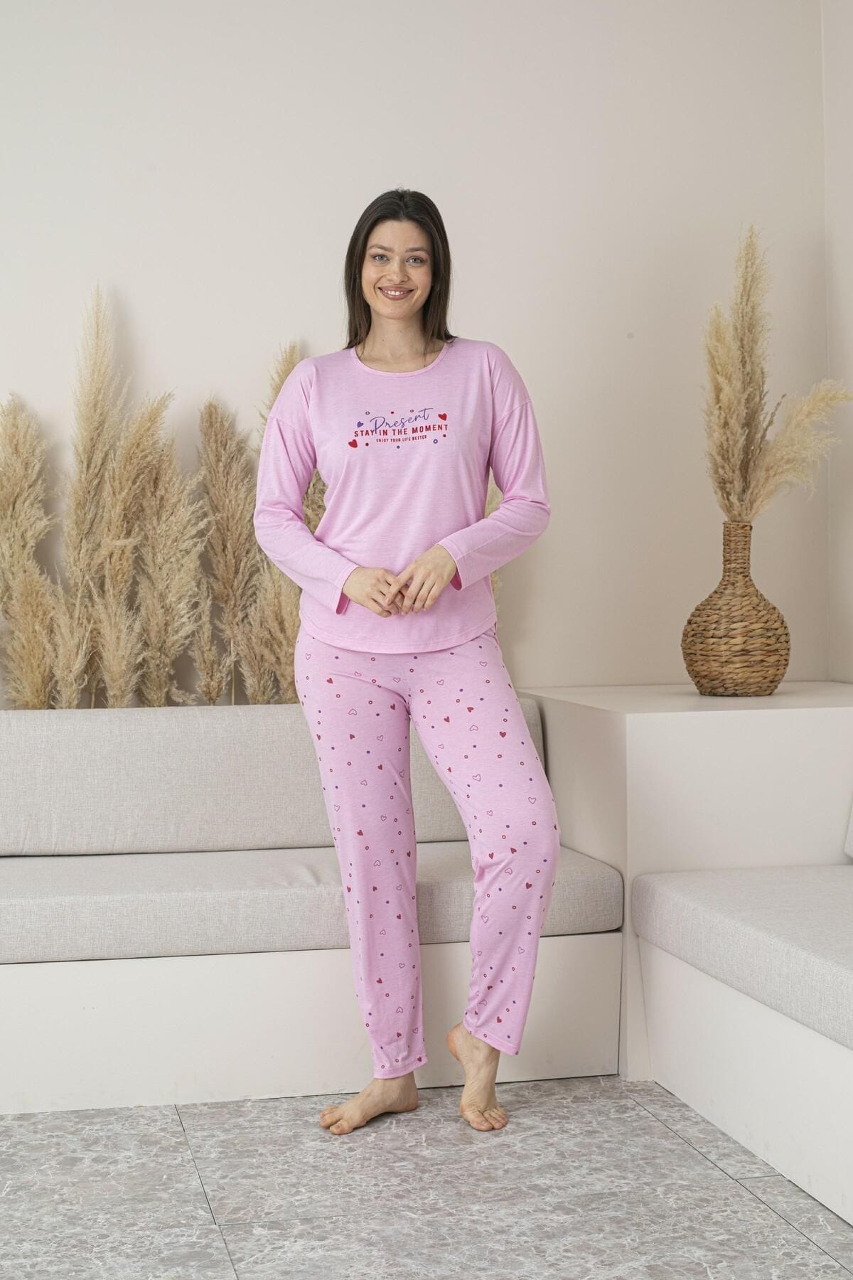 Kalp Desenli Uzun Kollu Yazlık Viskon Kadın Pijama Takımı Estiva 25112