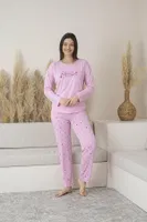 Kalp Desenli Uzun Kollu Yazlık Viskon Kadın Pijama Takımı Estiva 25112 Pembe