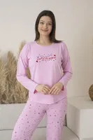 Kalp Desenli Uzun Kollu Yazlık Viskon Kadın Pijama Takımı Estiva 25112 Pembe detay görünüm