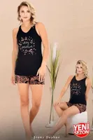 Desenli Viskon Kumaş Sıfır Kollu Şortlu Pijama Takımı Lady 7734 Lacivert