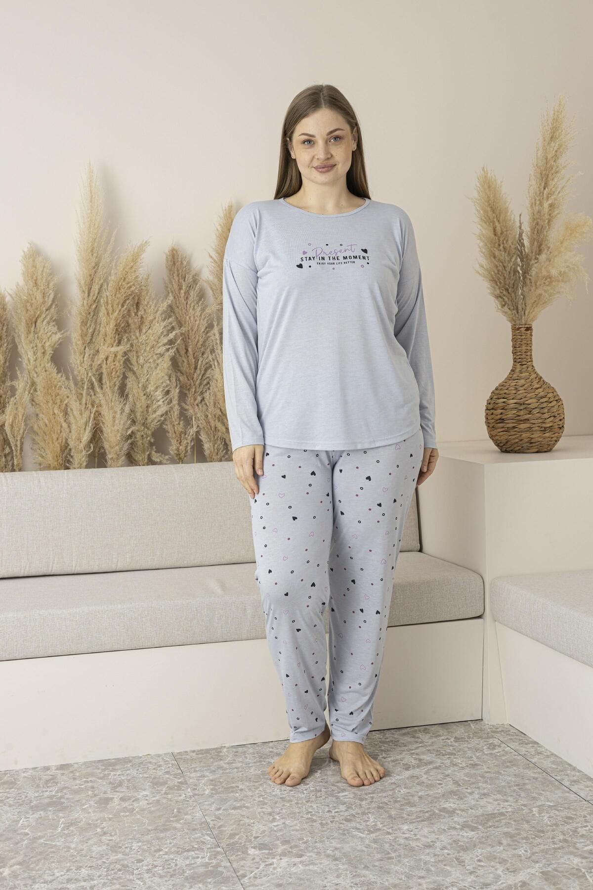 Kalp Desenli Yazlık Uzun Kollu Viskon Büyük Beden Kadın Pijama Takımı Estiva 25147 Bej