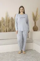 Kalp Desenli Yazlık Uzun Kollu Viskon Büyük Beden Kadın Pijama Takımı Estiva 25147 Bej Gri
