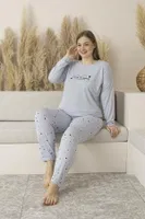 Kalp Desenli Yazlık Uzun Kollu Viskon Büyük Beden Kadın Pijama Takımı Estiva 25147 Bej Gri detay görünüm