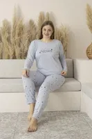 Kalp Desenli Yazlık Uzun Kollu Viskon Büyük Beden Kadın Pijama Takımı Estiva 25147 Bej Gri farklı açı