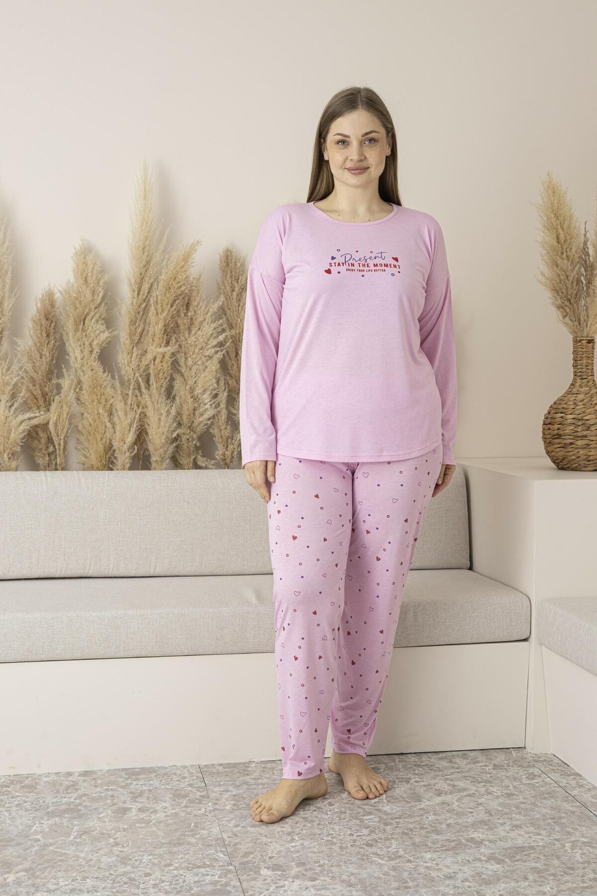 Kalp Desenli Yazlık Uzun Kollu Viskon Büyük Beden Kadın Pijama Takımı Estiva 25147 Leopar