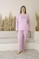 Kalp Desenli Yazlık Uzun Kollu Viskon Büyük Beden Kadın Pijama Takımı Estiva 25147 Leopar Pembe